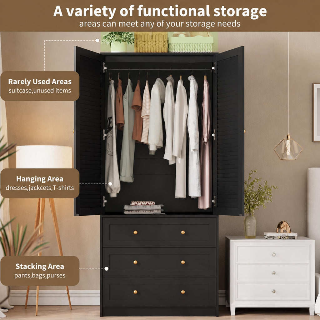 70" Wardrobe Armoire Wooden Closet with 2 Doors and 3 Drawers, Black