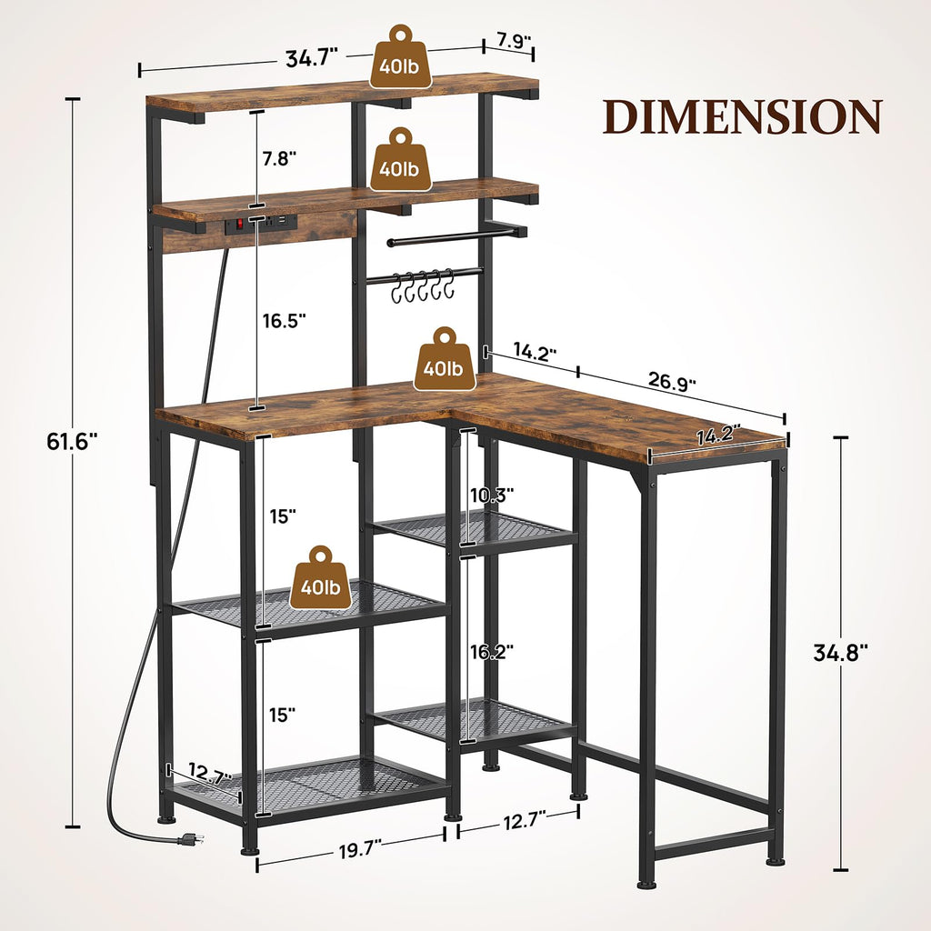 Bakers Rack with Side Table, 5-Tier Coffee Bar with Power Outlets