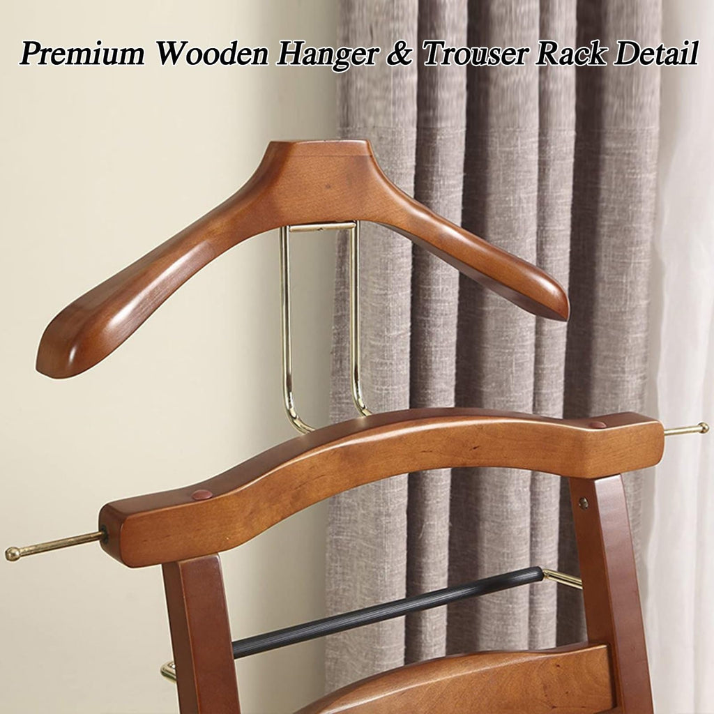 Wood Suit Valet Stand, Clothing Valet Chair with Drawer, Wrinkle-Free Garment Rack