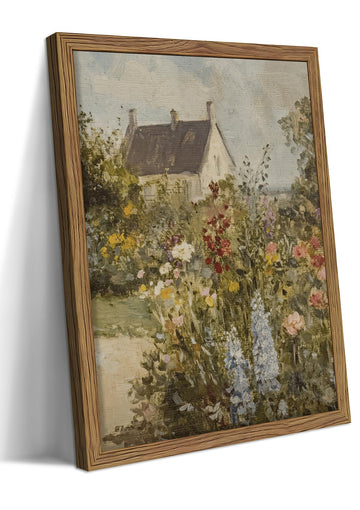 Vintage Landscape Wall Art, Cottage Garden Wall Decor, Wood Framed Wildflower Picture, Country House Canvas Print