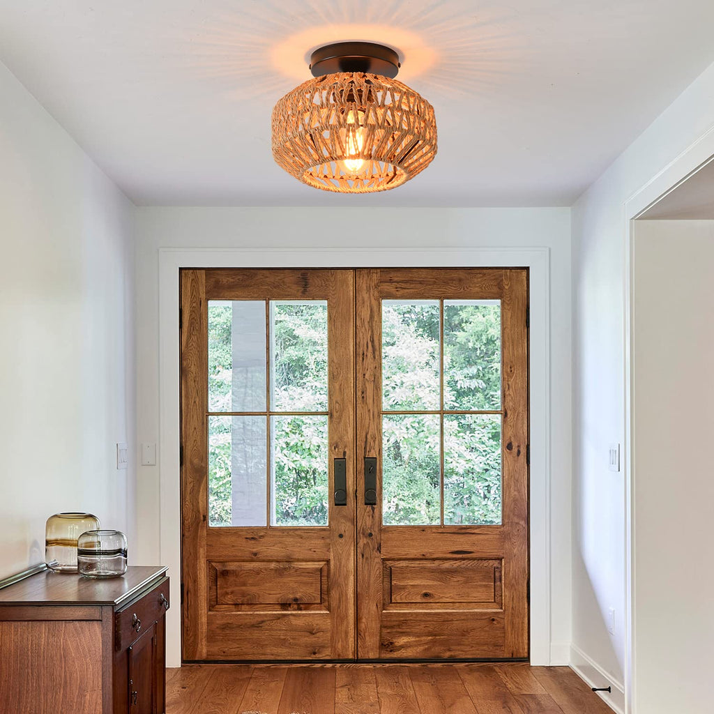 2 Pack Farmhouse Light Fixtures Ceiling Mount, Mini Rattan Boho Semi Flush Mount Ceiling Light, Hand Woven Hallway