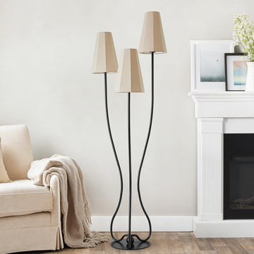 Artistic Vintage Floor Lamp, 3-Light Standing Lamps with Sculptural Curved Iron Base & Octagonal Linen Shades