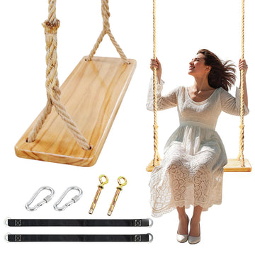 Hanging Wooden Tree Swing with Adjustable Hemp Rope & Extendor Tree Straps
