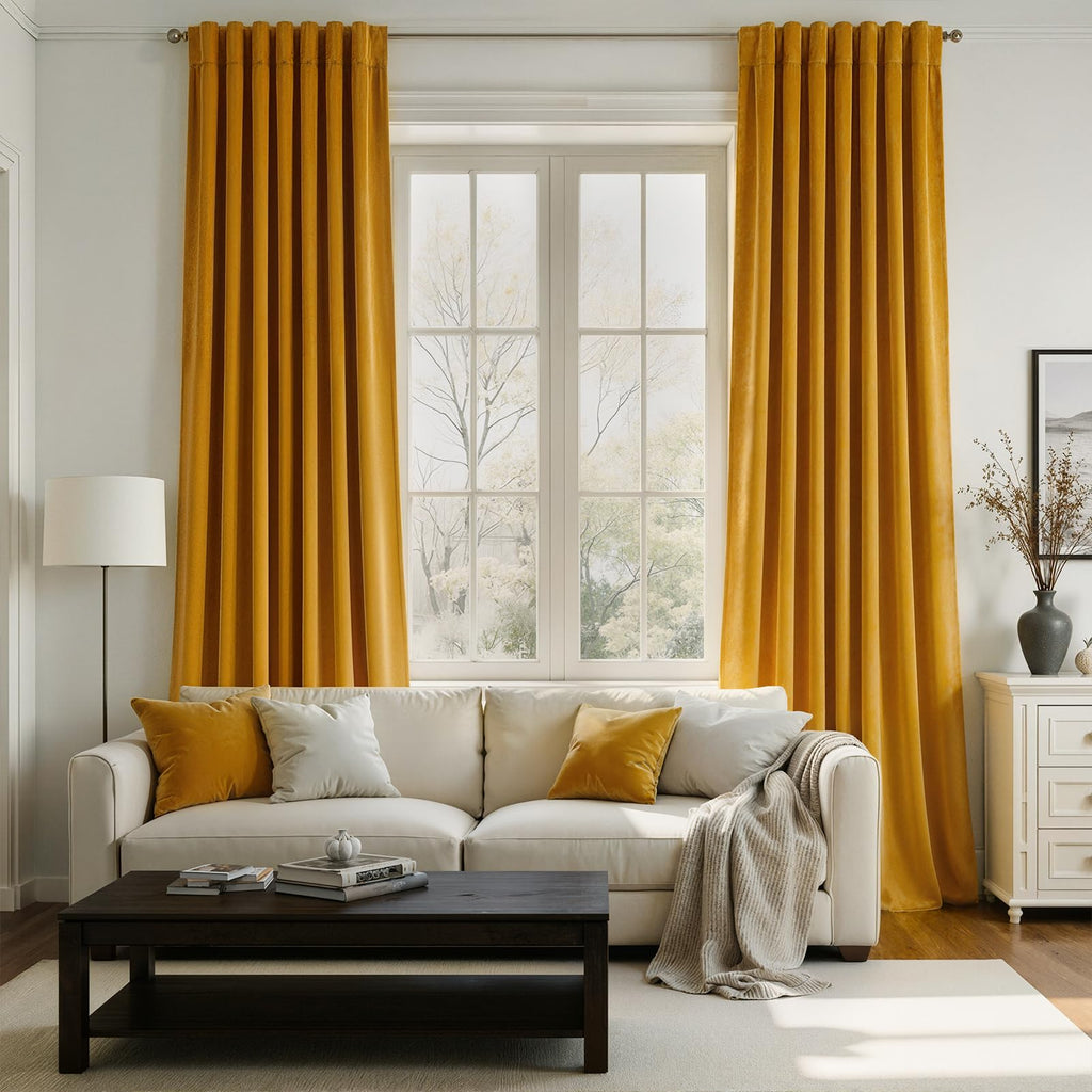 90 Inch Long Yellow Velvet Curtains Bedroom Soft Velvet Modern Luxury Elegant Decorative Drapes Darkening Blackout