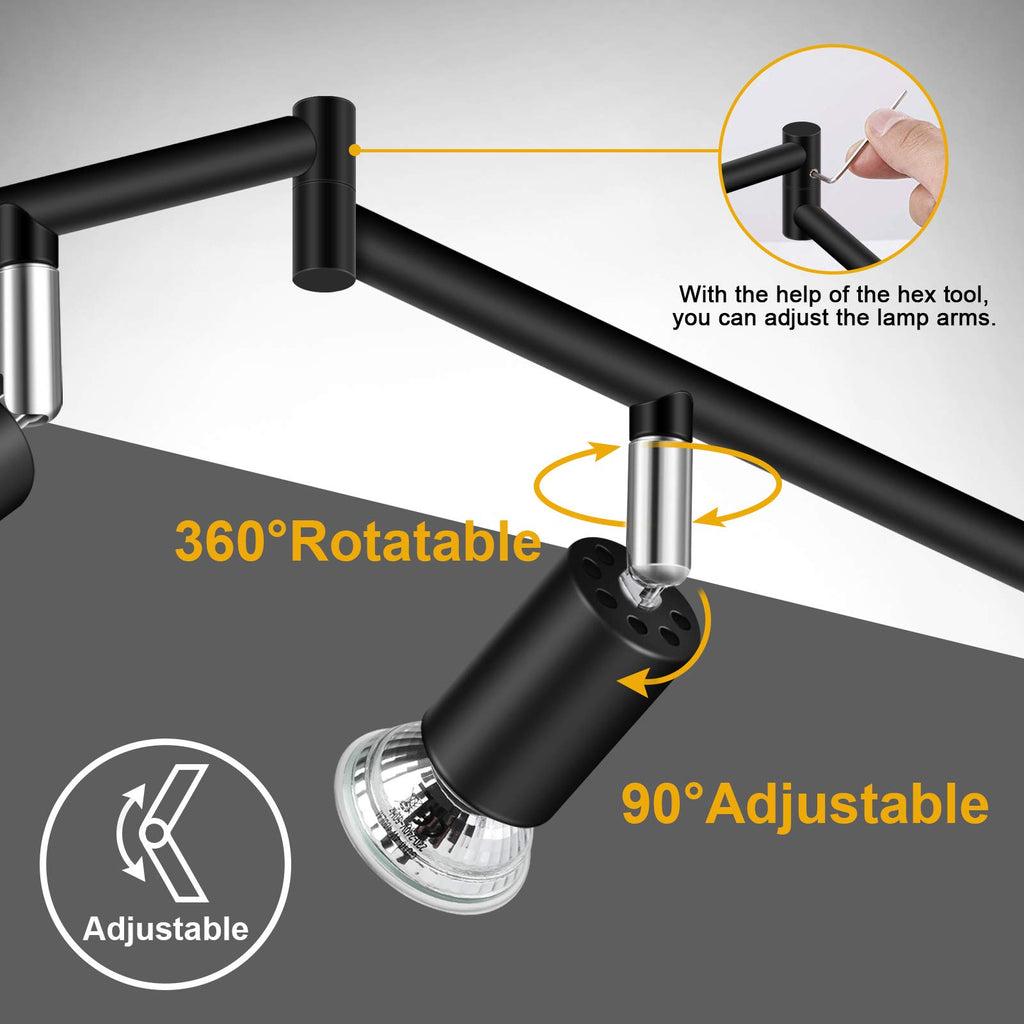 LED Track Lighting Kit, Flexibly Rotatable Light Heads, 6 Way Ceiling Spotlight Black Finish, Including 6