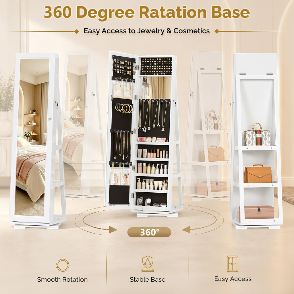360° Swivel Jewelry Mirror Cabinet with Inside Makeup Mirror, Full Length Mirror with Jewelry Storage, Lockable