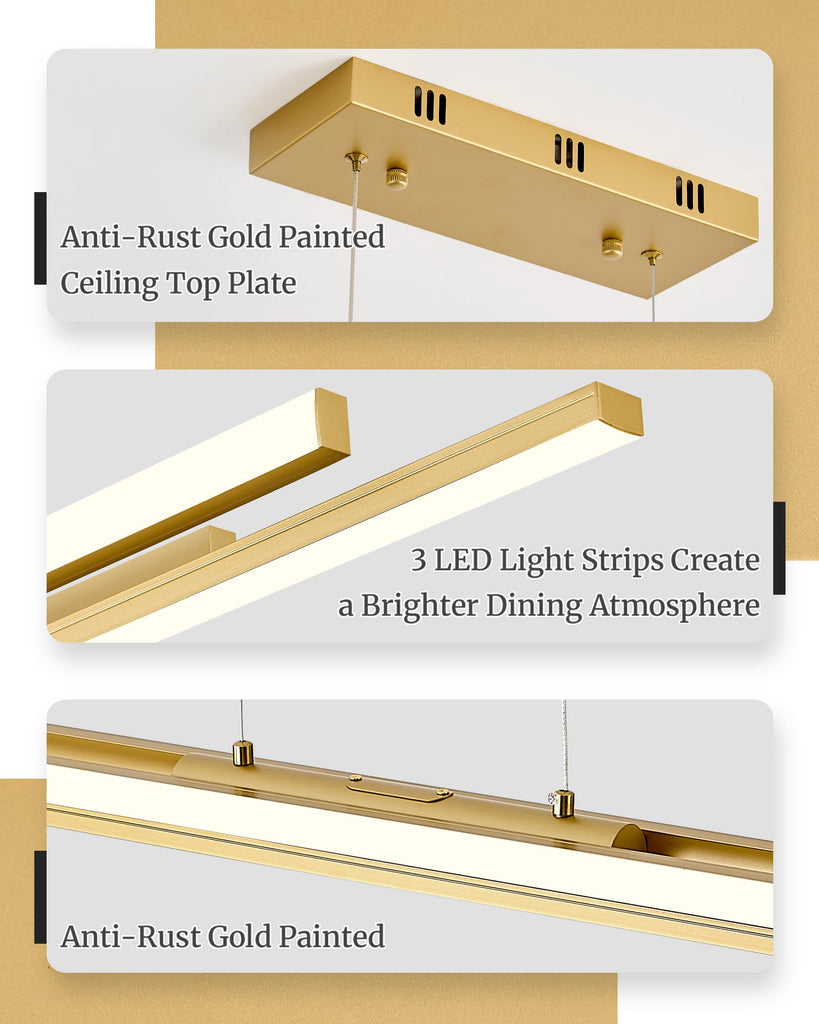 3 LED Linear Pendant Light 52 inch Gold Island Light Dimmable