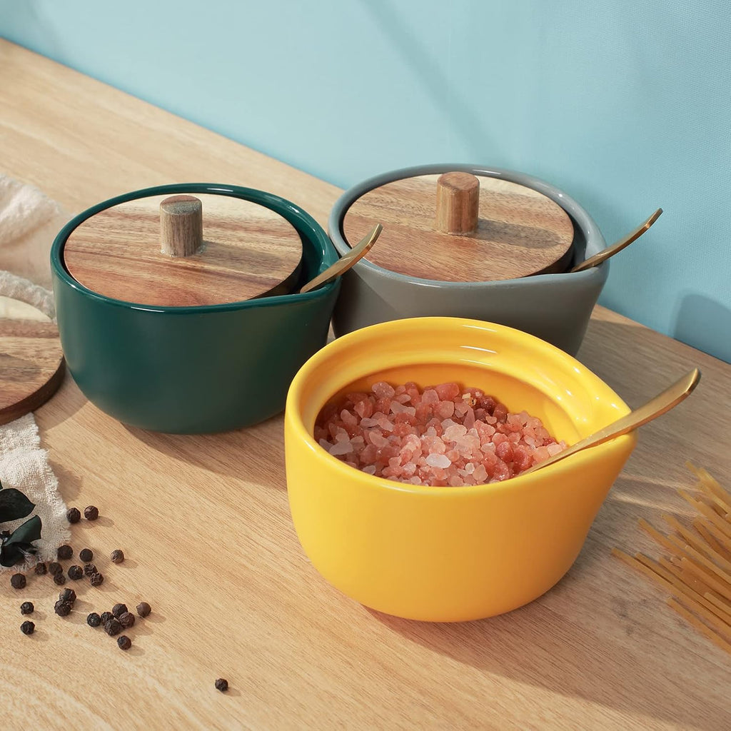 Salt Box base grey color Salt Cellar Elegant Design salt Boxes Big Capacity Wood lid grey Ceramic Base with spoon