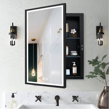LED Lighted Medicine Cabinet with Mirror, Recessed or Wall Mounted Bathroom Mirror with Storage, Anti-Fog, 3-Color