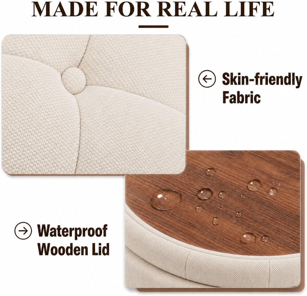 25" Round Ottoman with Storage, Small Coffee Table with Reversible Tray Lid | Tufted Fabric Round Storage Ottoman