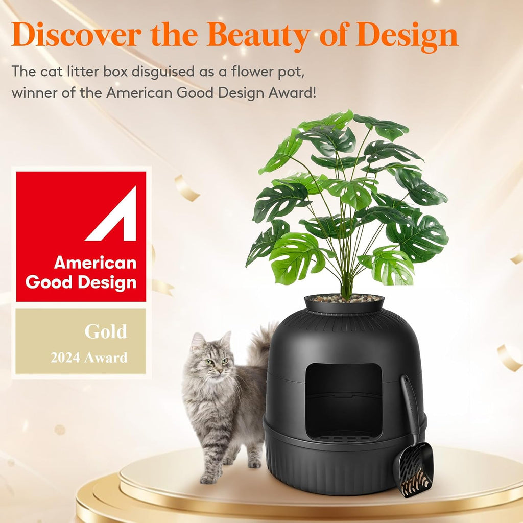 Hidden Plant Cat Litter Box with Stainsteel Scoop, Black