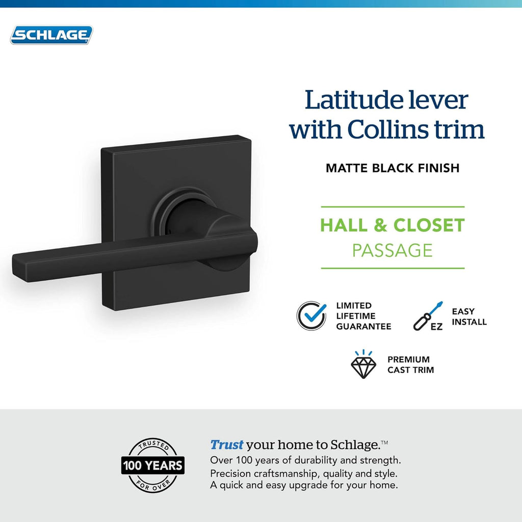 F10 LAT 622 COL Latitude Collins Passage Lever Hall and Closet, Matte Black - Door Lever