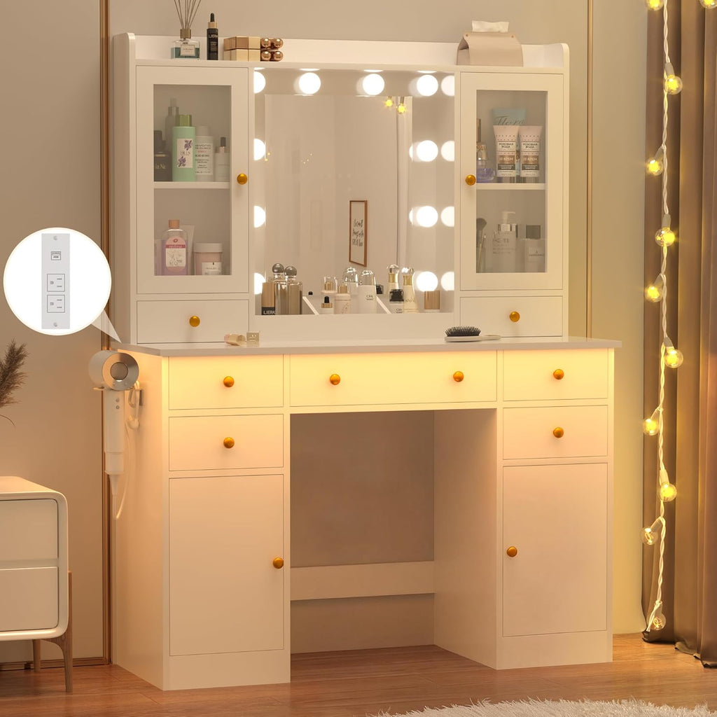 White Makeup Vanity Desk with Mirror and Lights, Smart RGB Light | Vanity Table with Charging Station & 7 Drawers