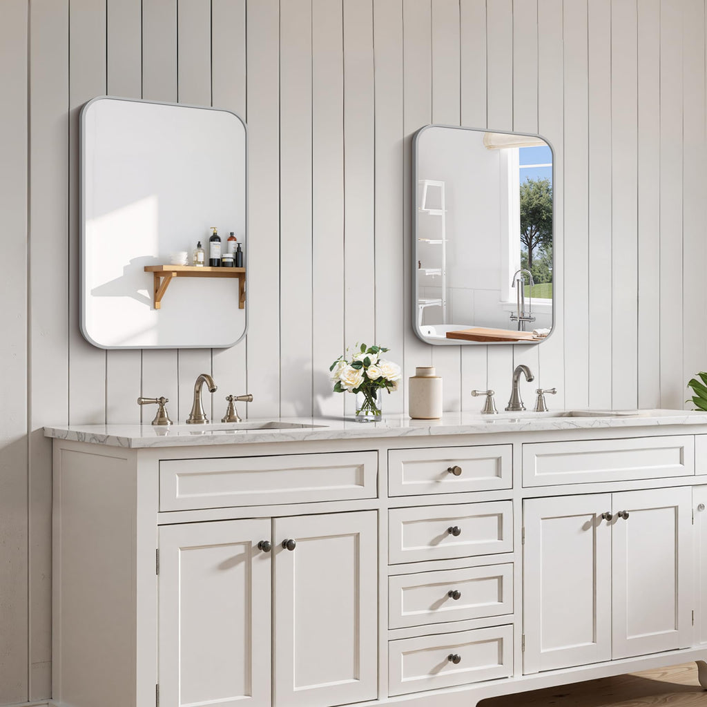 Bathroom Mirror for Over Sink 16x24 Inch Silver, Rectanglar Wall Mirror with Metal Frame, Rounded Corners Decor