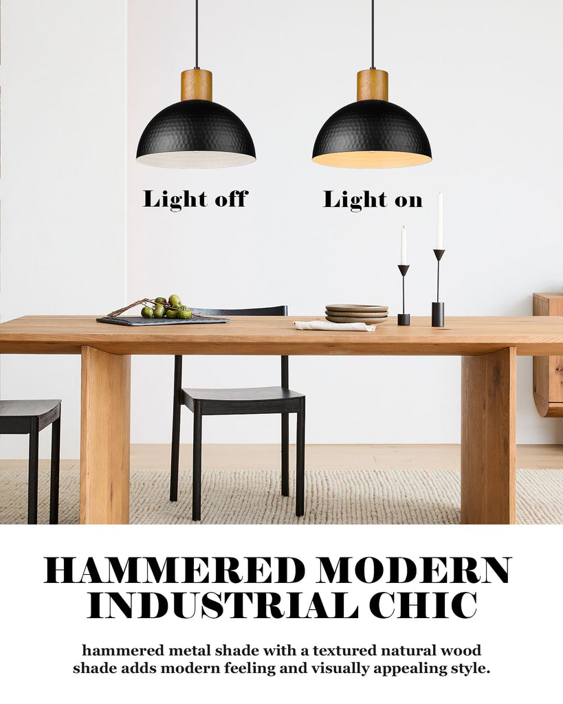 2 Pack Hammered Pendant Lights, 12" Industrial Metal Dome Hanging Lamp, Solid Wood Pendant Light Fixtures Island
