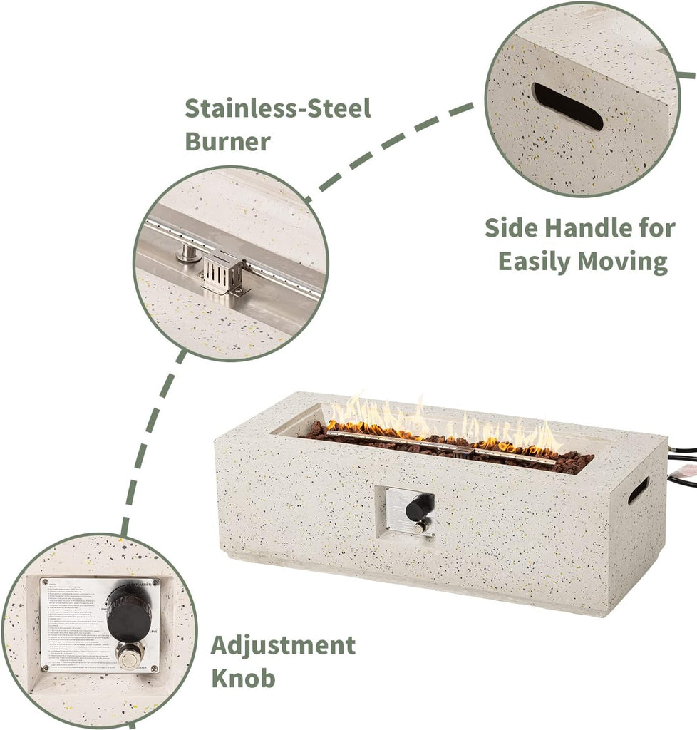 Outdoor Propane Fire Pit Coffee Table, 42-inch x 13-inch Terrazzo Rectangle Base Patio Heater w Certified, 50,000 BTU