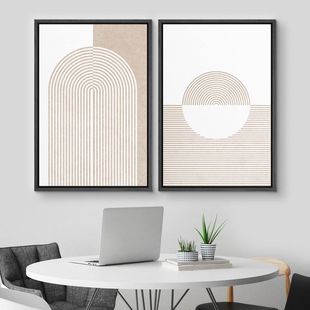 Framed Canvas Print Wall Art Set Pastel Tan Geometric Circle Spirals Abstract Shapes Illustrations Modern Art