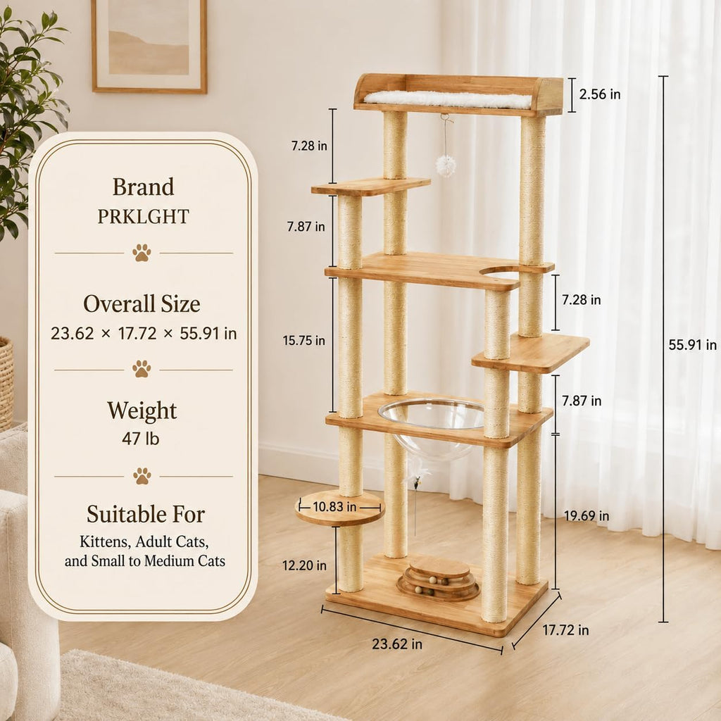 56in Wooden Cat Tree for Large Cats, Tall Sturdy Cat Tower