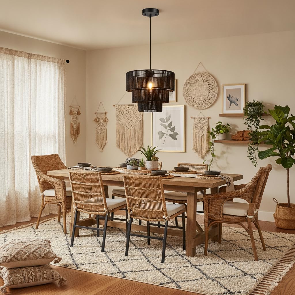 Boho Rattan Chandelier Light, 3-Tier Hand Woven Pendant Ceiling Light, 13" Farmhouse Coastal Wicker Chandelier Hanging