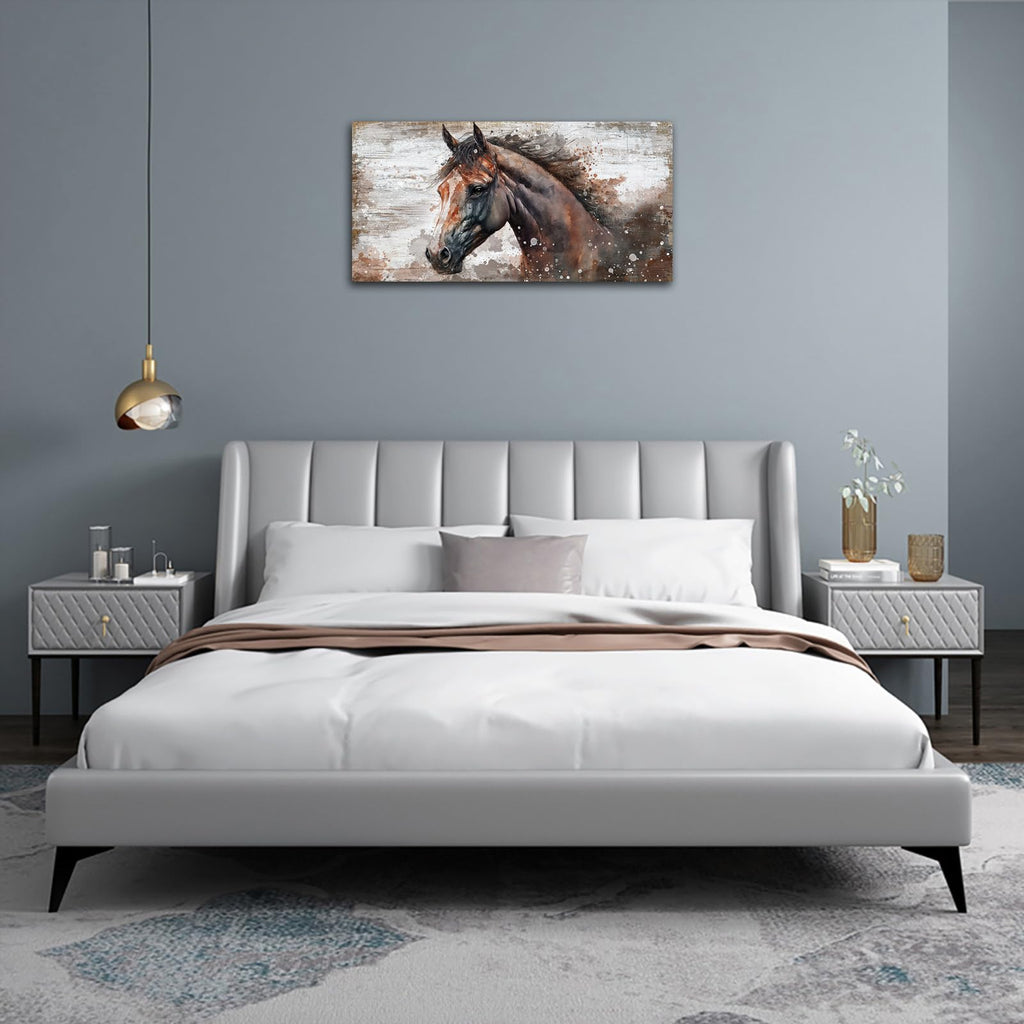 Large Horse Canvas Wall Art - Brown Horse Picture for Wall Decor Rustic Wood Plank Effect Canvas Painting Animal