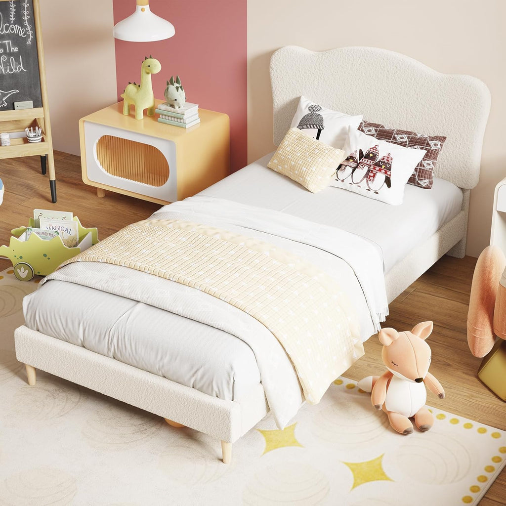 Upholstered Sturdy Twin Bed Frame for Kids, Girls, Boys, Beige | Scallop Headboard, Cute Velvet Platform Bed, No Box