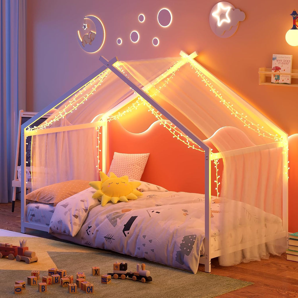 House Shape Twin Size Montessori House Bed Metal Floor Bed | Twin Bedframe for Kids No Box Spring Needed White