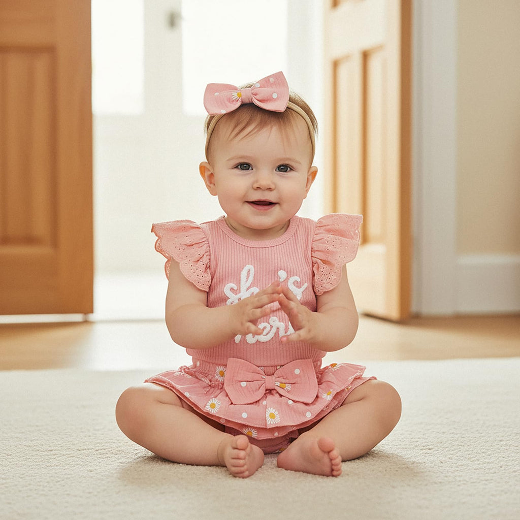 She is Here Newborn Outfit Baby Girl Clothes 0 3 6 9 12 Ruffle Sleeve Romper Headband Shorts Set (Pink, 3-6