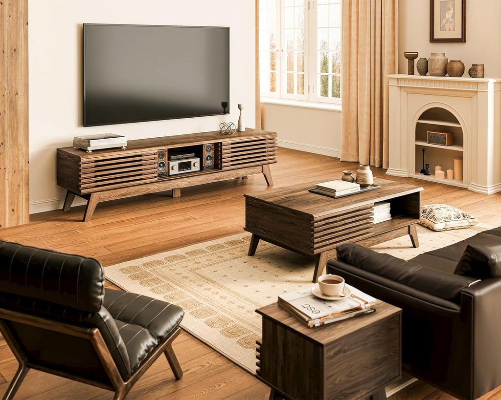 70.8" TV Stand for 55"/65"/75" TVs, Mid-Century Modern Fluted Entertainment Center with Sliding Doors, Storage