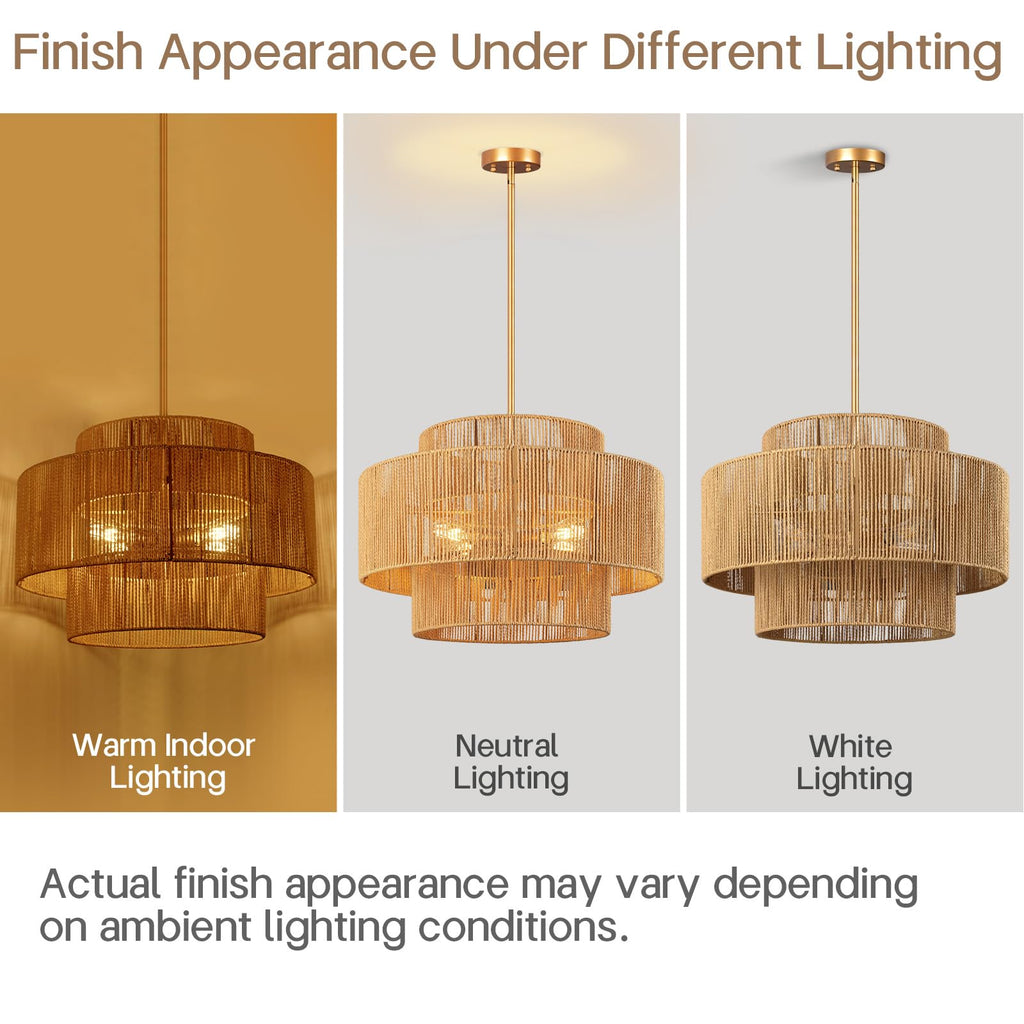 24'' Boho Rattan Chandelier, 4-Light Hand-Woven Wicker Pendant Lamp, Rustic Modern Ceiling Light Fixture Island