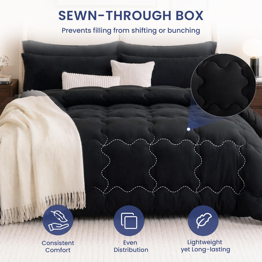 Black Comforter Set, Wavy Check Pattern, 7 Pieces