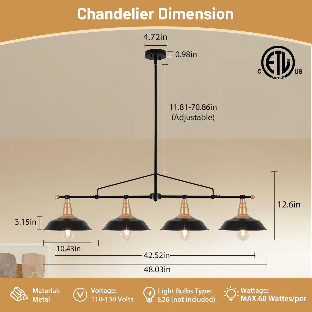 Pool Table Lights 4-Light Black and Gold Linear Light Fixture 48 Inch