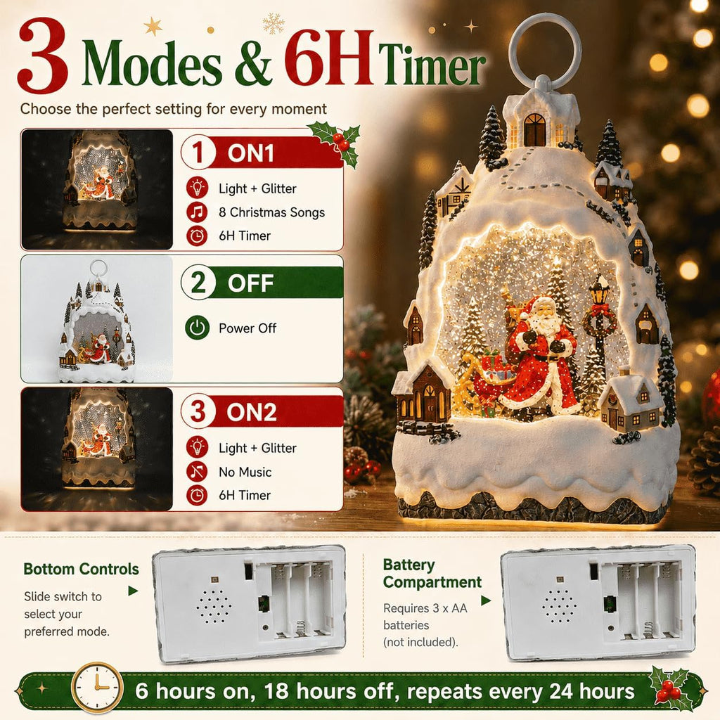 Christmas Snow Globe Lantern with 8 Songs, Santa Snow Mountain Water Globe with Swirling Silver Glitter, Warm Light