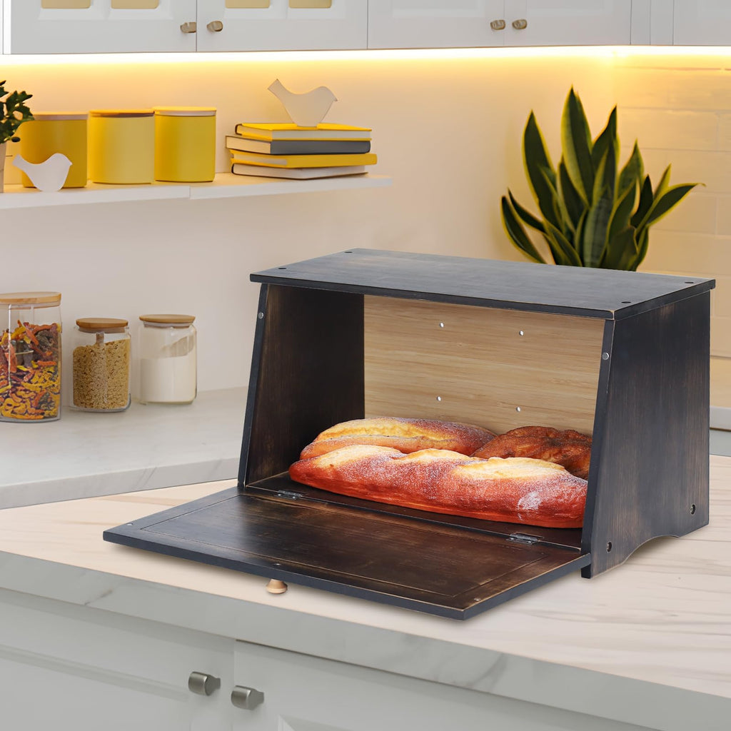 Bread Box - Vintage Wood Counter,Retro Storage Bin,Black