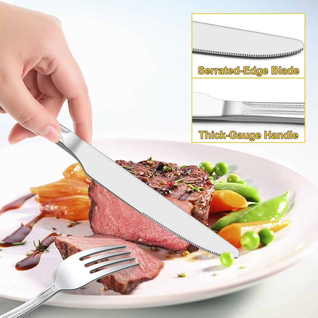 60-Piece Silverware Set for 12, Stainless Steel Flatware Cutlery Set with Pearled Edge, Include Forks Spoons and