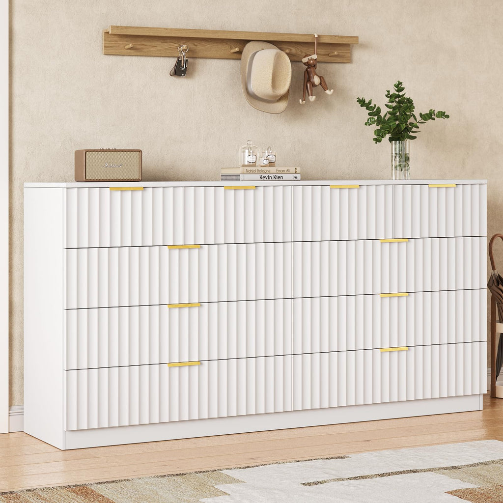55.1" Wide Fluted 10 Drawer Dresser, White