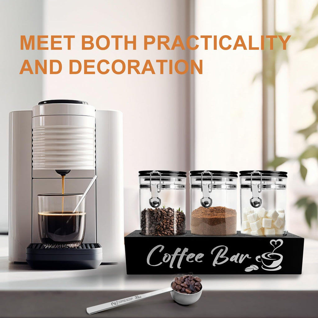 Glass Coffee Containers with Shelf Coffee Station Organizer 54oz Black Glass Coffees Bean Storage Canister with Spoon