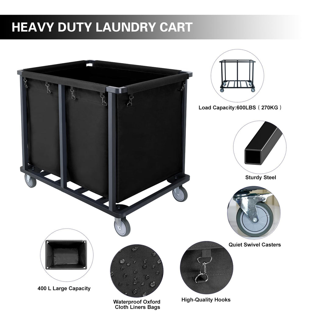 Commercial Laundry Cart with Wheels,400L Black