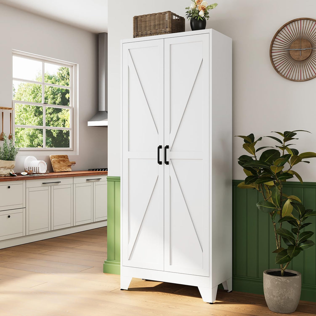 75" H Metal Storage Cabinet with 2 Doors and 4 Shelves, Tall Kitchen Pantry Cabinets, Farmhouse Utility Pantry
