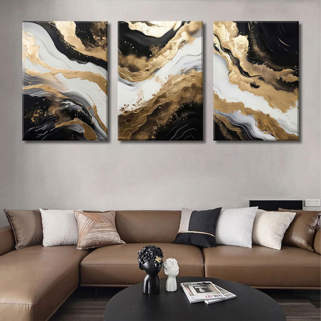 Black and Gold Abstract Canvas Wall Art Set of 3 Abstract Black Gold Marble Wall Decor Pictures Neutral Modern