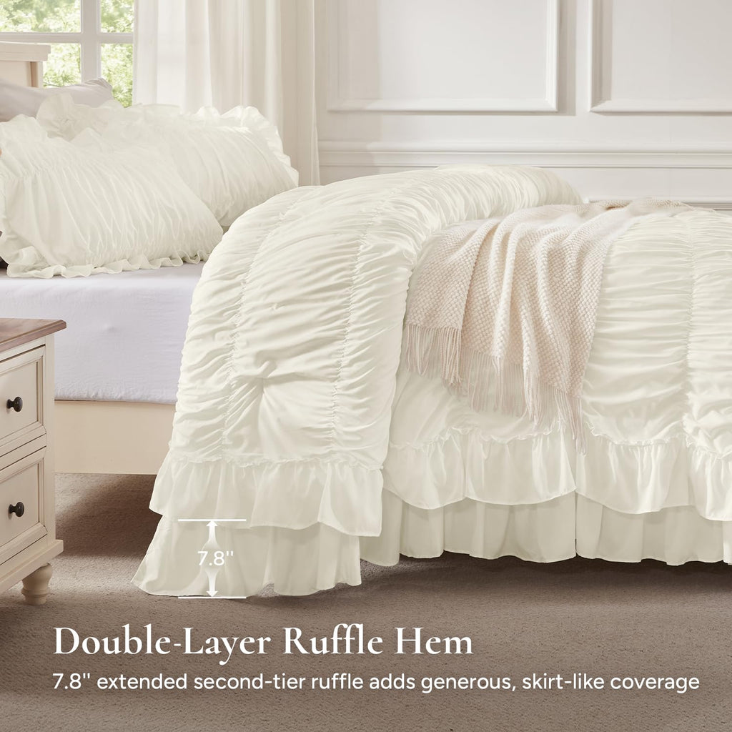 Ivory Ruffle Comforter Set, Ruched Farmhouse Bedding 3 Pieces
