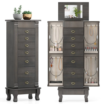 Standing Jewelry Cabinet, 7 Drawers, Flip Mirror, Weathered Gray