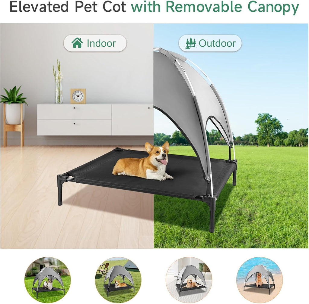 Outdoor Dog Bed with Canopy, Elevated Cot, Up to 100 lb, Gray