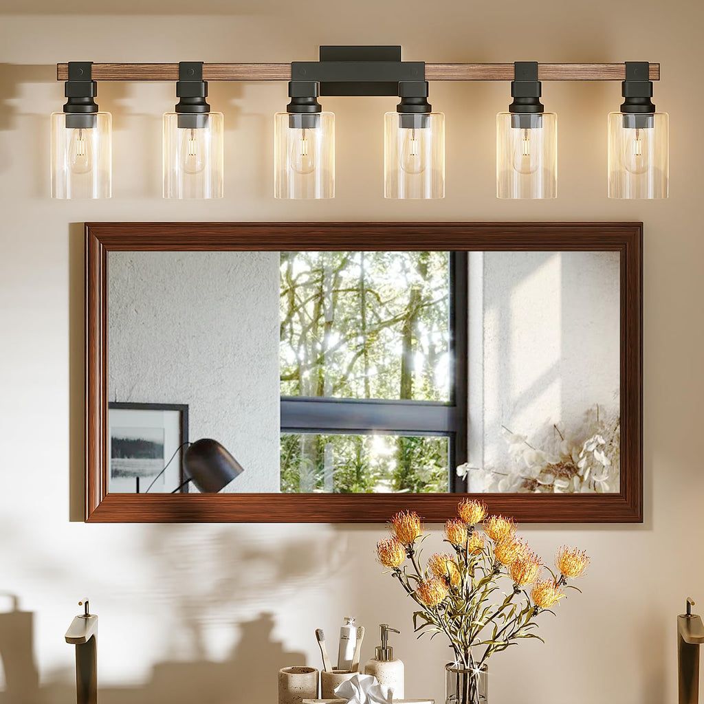 6 Light Bathroom Vanity Light 41in with Glass Shade, Farmhouse Vanity Light Light fixtures Over Mirror, Round Rustic
