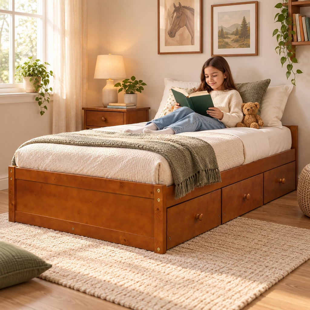 Twin Size Japanese Wood Bed Frame with 3 Storage Drawers (Oak)