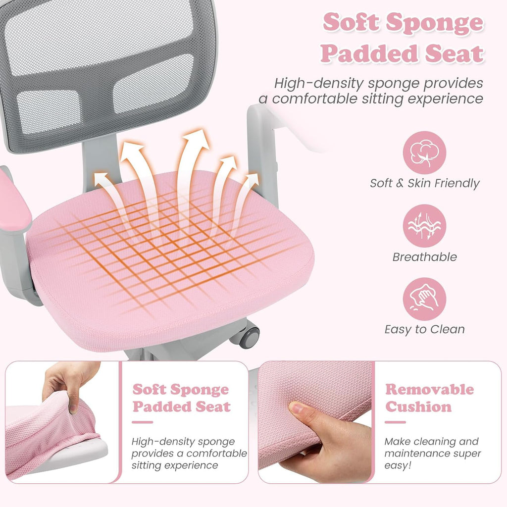 Kids Desk Chair, Ergonomic Adjustable Student Rolling Chair with Footrest & Flip-up Armrest, Mesh Children Office