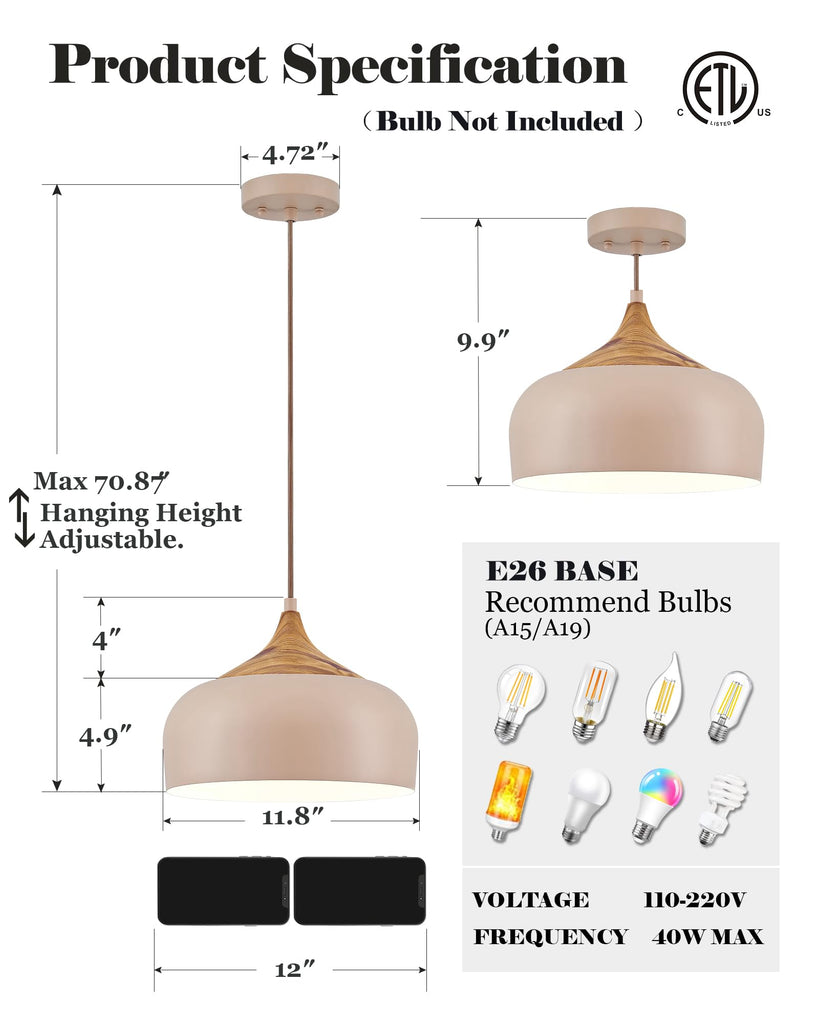 12 Inch Modern Japandi Pendant Light Island Farmhouse Hanging Lamp with Faux Pine Wood Grain Metal Shade, Adjustable