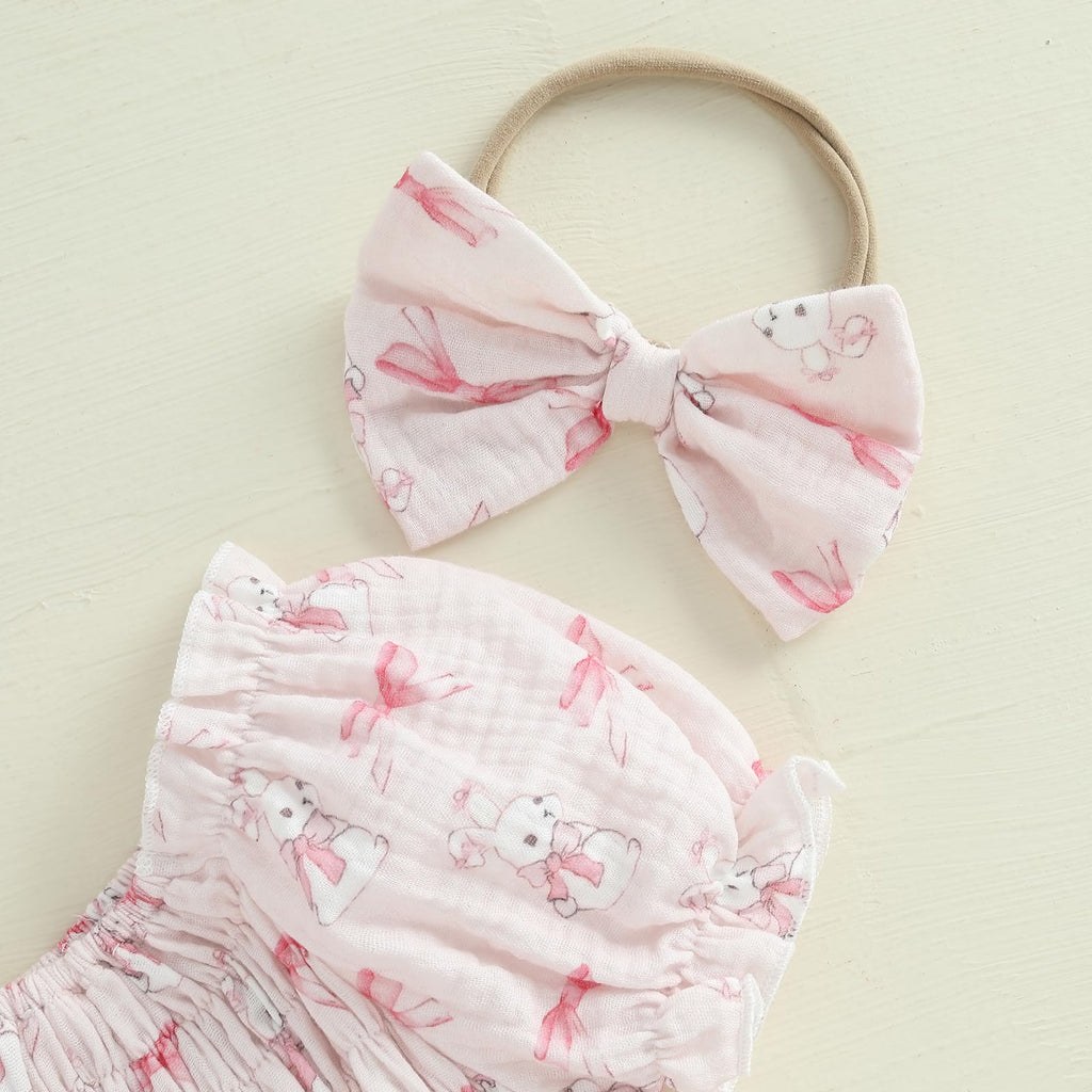 Newborn Baby Girl Easter Outfit Smocked Bunny/Carrot Romper Cotton Linen Bodysuit Headband Summer Clothes