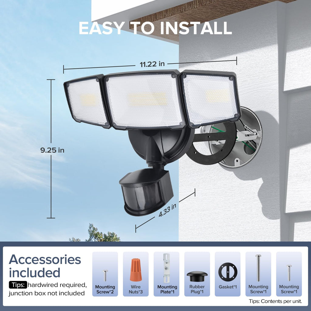 72W LED Security Lights w/PIR Motion Sensor Outdoor, 5000K Daylight Dusk to Dawn Aluminum Flood Light, 3