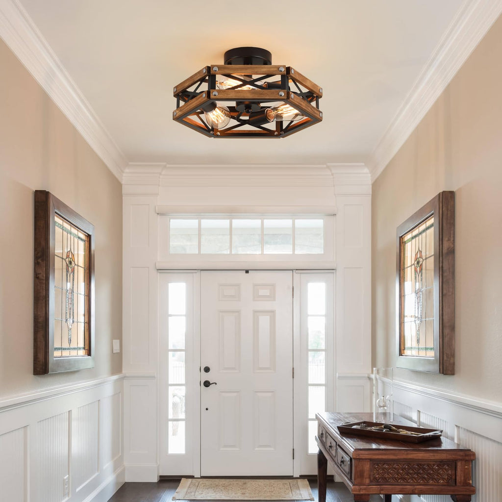 3-Light Rustic Farmhouse Wood Flush Mount Ceiling Light Fixture Oak Wood and Metal Cage Semi Flush Mount Ceiling