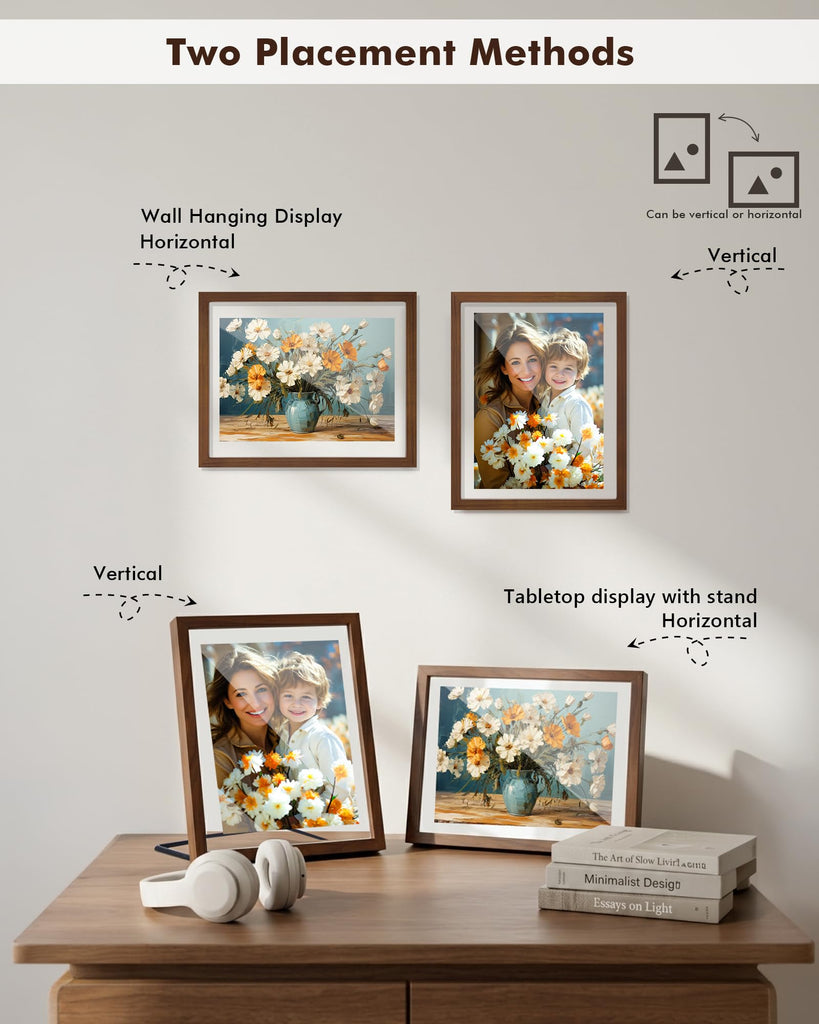 8x10 Floating Photo Picture Frame, Floating Display 6x8, 5x7, or Full Display 8x10 Photos, Solid Wood, Double Glass, 2